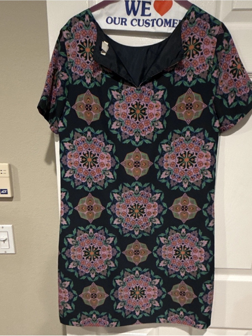 J. Crew Black Mini Dress with Pink, Green & Purple Medallion Print